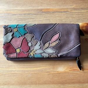 Rare Fossil Floral Embroidered Brown Leather Clutch